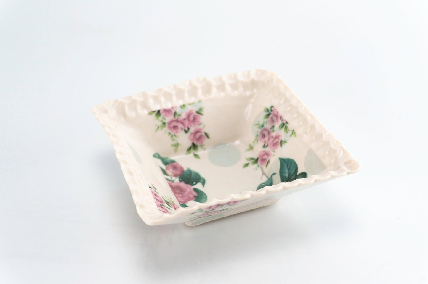 Flower and Green Dot Square Dish (d-118)