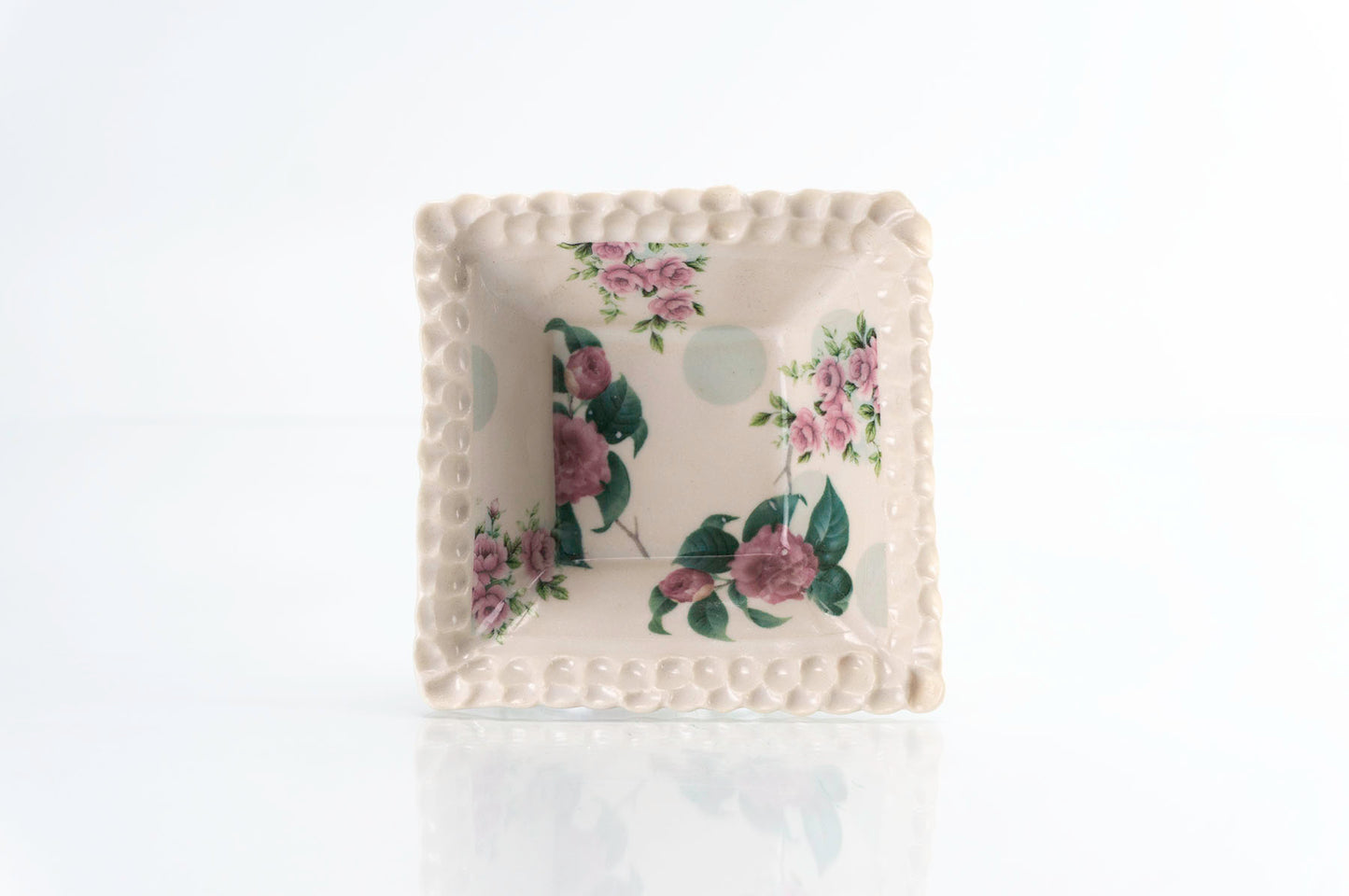 Flower and Green Dot Square Dish (d-118)